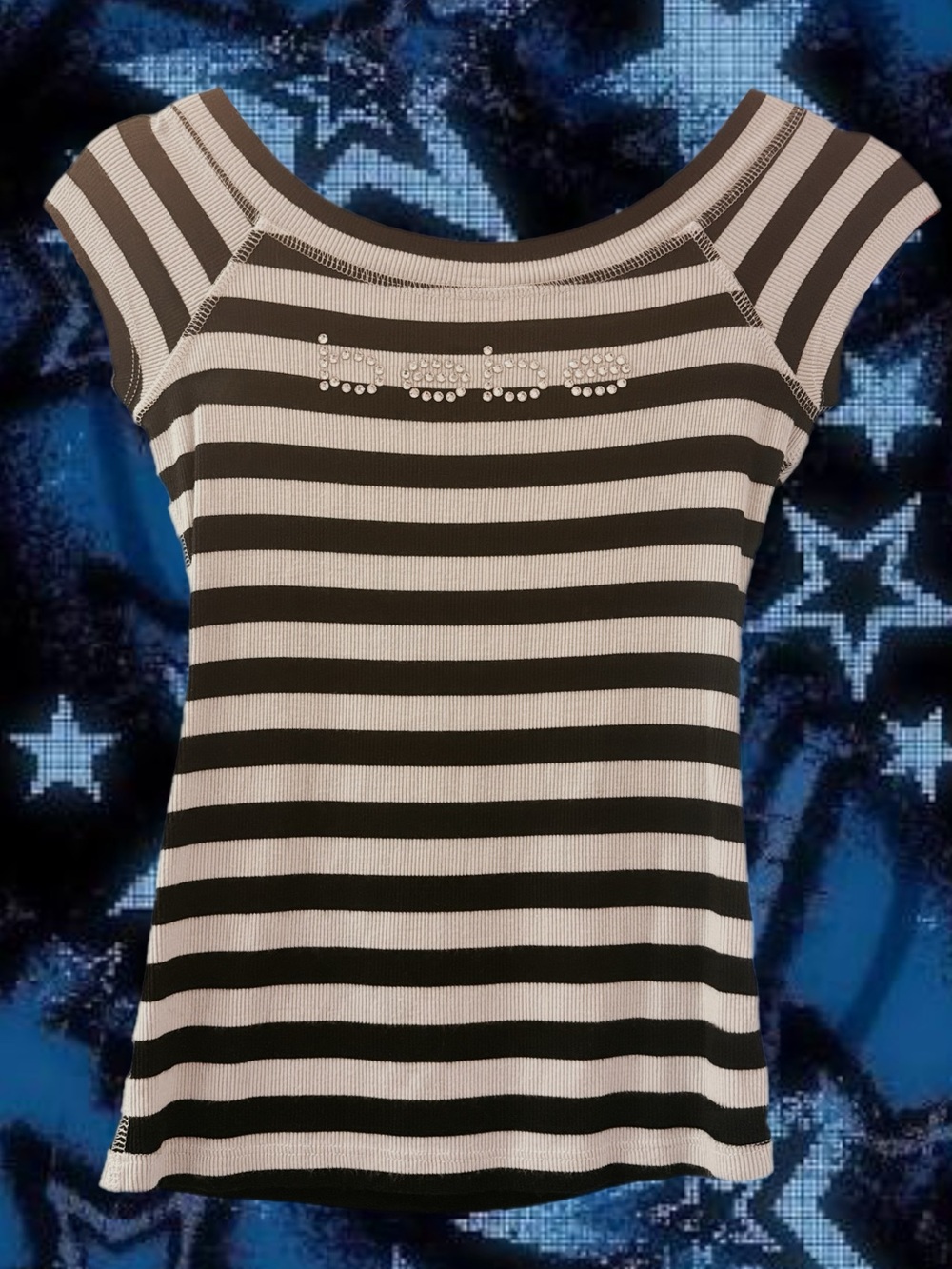 BEBE Black & Grey striped off the shoulder top with rhinestone bling, Size M
